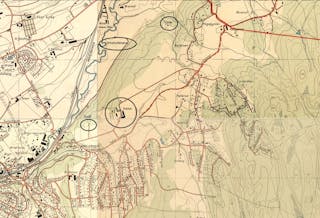 Tveten gård og de tre husmannsplassene er markert på kartet fra 1938. Foto: