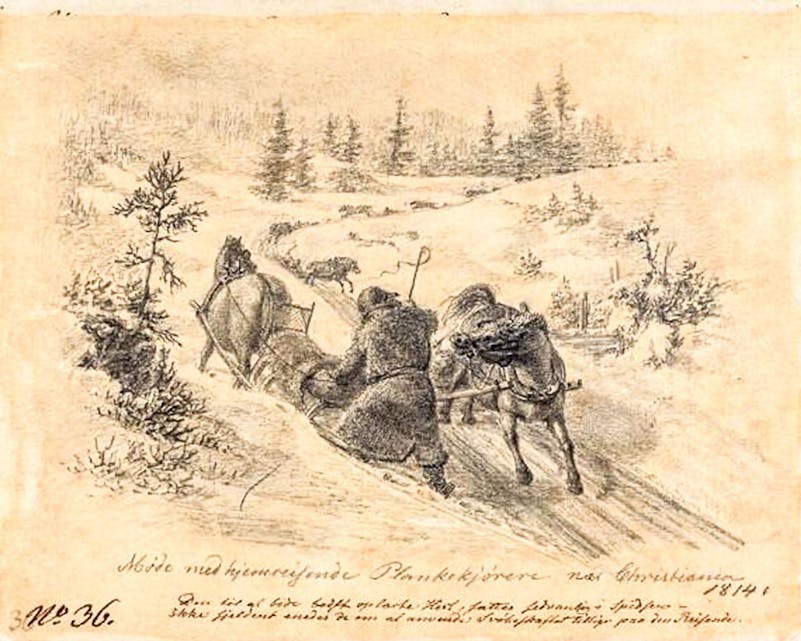 Plankekjørere nær Kristiania (Tegning av Johannes Flintoe) 1814 Foto: