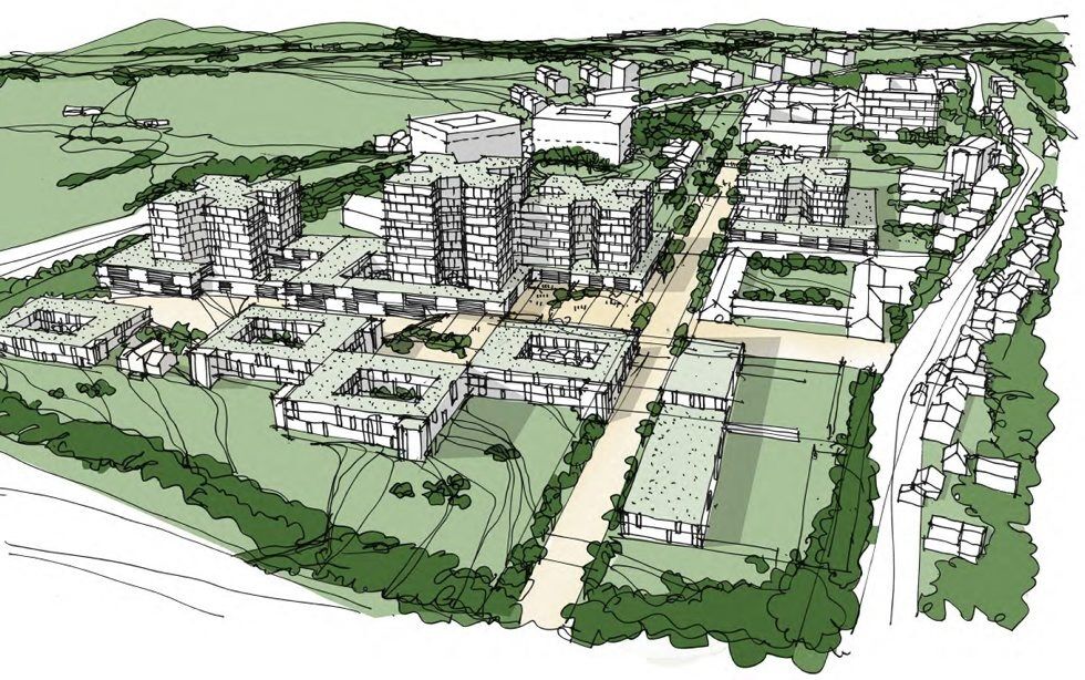 ILLUSTRASJON AV ALTERNATIV 1: Her ser man skissering av utbygging etter planalternativ én. Som fullt utbygget kan det romme 225.000 kvadratmeter nye sykehusbygg. Foto:
