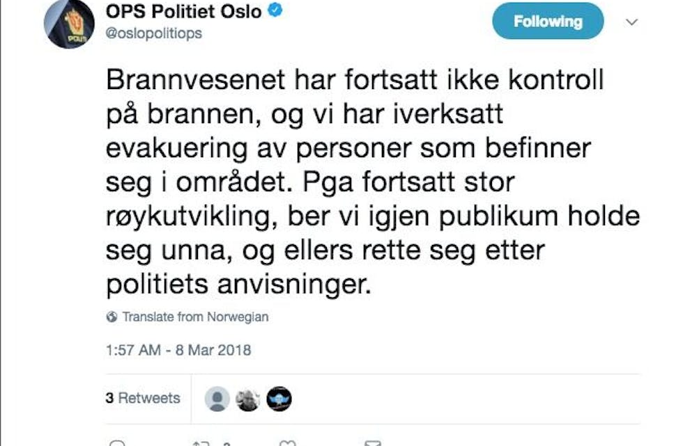 Skjermdump, Twitter/ OPS Politiet Oslo Foto: