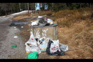 FLERE SOM HAR KOST SEG: Denne haugen med engangsgriller og søppelposer viser at det er flere som tatt turen til Steinbruvann for å slikke sol i helgen. Foto:
