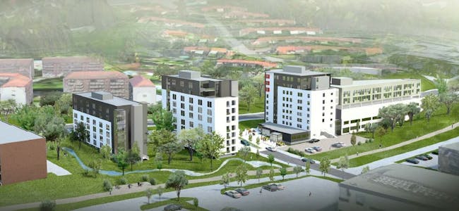 BLIR SLIK: Gjennom tre etapper vil Thon Hotel Linne utvides. Siste etappe vil være et påbygg i hovedbygget til høyre i bildet, estimert ferdig første kvartal i 2018. Foto: