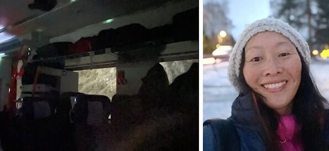 KALD NATT: Helle Langaas Lageng og flere av spillerne til Sveiva J13 fikk det kaldt i natt da toget deres fikk strømstans i Sverige. Passasjerene måtte sitte i syv timer uten varme, mat eller drikke. Men alt gikk heldigvis godt til slutt. Foto: