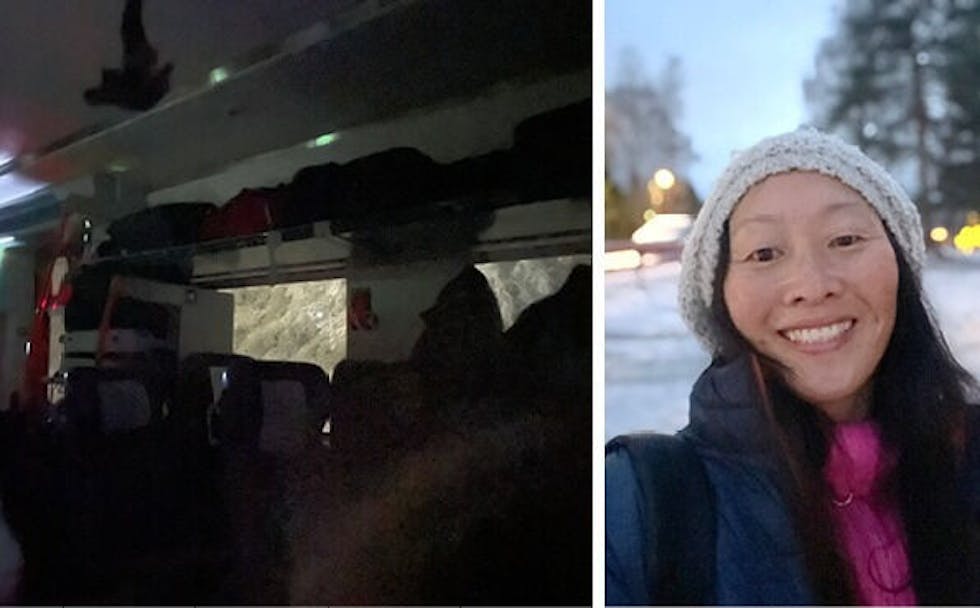 KALD NATT: Helle Langaas Lageng og flere av spillerne til Sveiva J13 fikk det kaldt i natt da toget deres fikk strømstans i Sverige. Passasjerene måtte sitte i syv timer uten varme, mat eller drikke. Men alt gikk heldigvis godt til slutt. Foto: