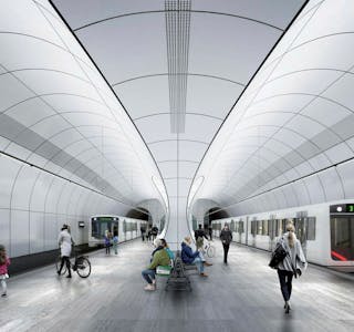 SLIK KAN FORNEBU STASJON BLI: Endestasjonen på Fornebubanen planlegges slik. Visualisering: Zaha Hadid Architects og A-lab. Foto: Zaha Hadid Architects