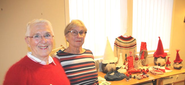BASARHELG: Berit Olaussen (t.v.) og Ingrid Andersen i Høybråten Sanitetsforening ønsker velkommen. Bak dem kan man skimte et lite utvalg av det som blir å finne på helgens basar og julemesse. Foto: Martine Myhre