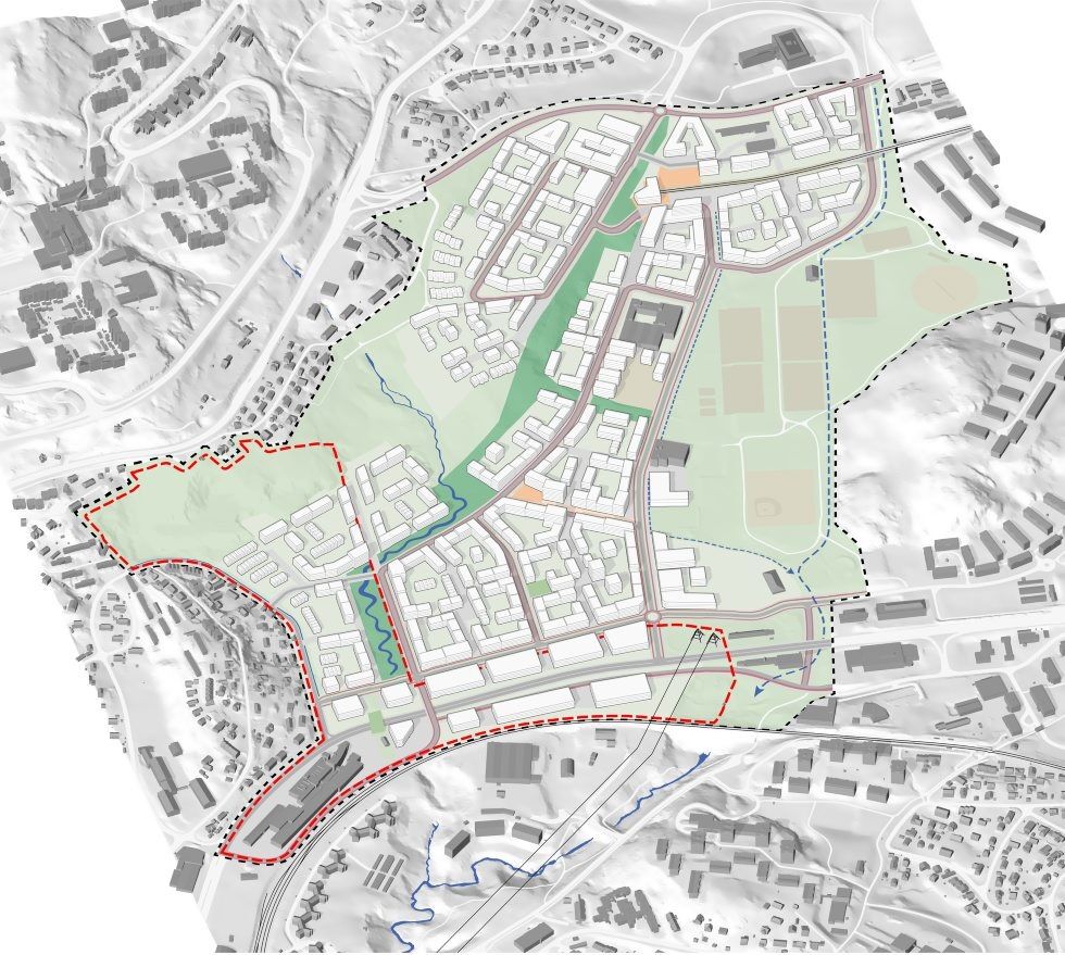 PLAN FOR NEDRE ROMMEN: Her ser vi EBYs tenkte planprogram for nedre Rommen (sort stiplet linje). Den blå stiplete linjen er potensielle føringer for Tokerudbekken. Det røde området er «usikkerhetssonen» knyttet til Fossumdiagonalen. (Illustrasjon: EBY) Foto: