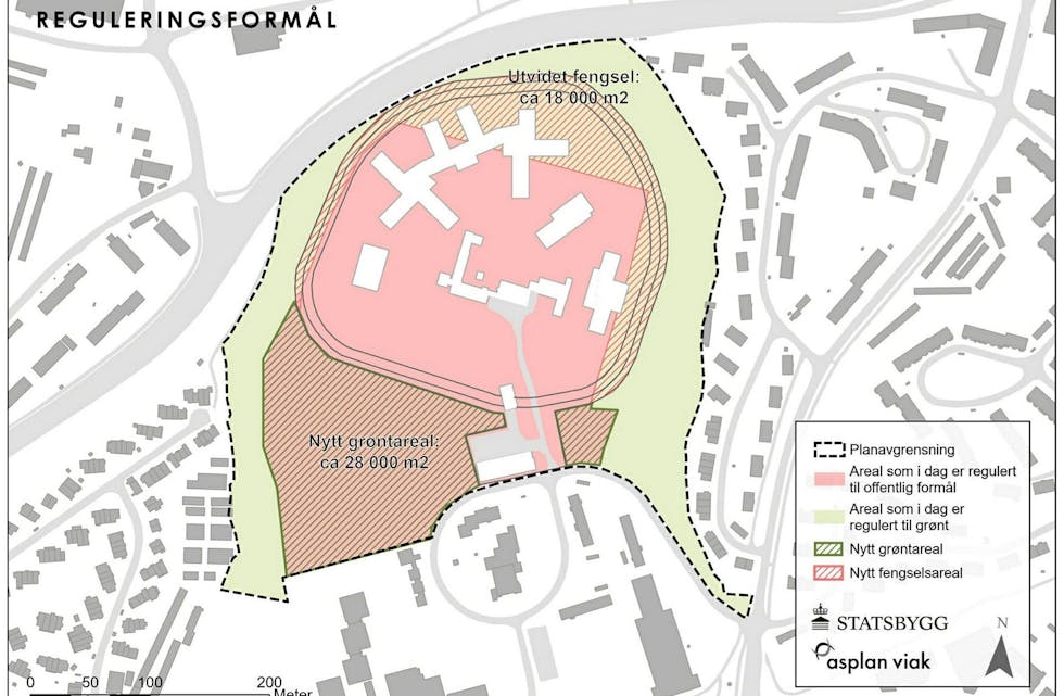 BREDTVET-PLANENE: Slik ser fengselsforslaget på Bredtvet ut i kartform. Et forslag som vil rasere nærskogen, og har møtt bred og høylytt motstand i Groruddalen. Foto: Statsbygg/Asplan Viak