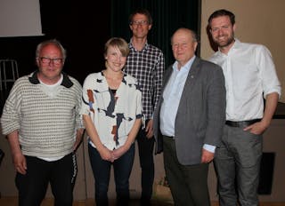 POLITIKER-PANELET: Ben Borgen (Rødt, f.v.), Kari Elisabeth Kaski (SV), Daniel Rees (MDG), Odd Einar Dørum (V) og Andreas Halse (Ap). Foto: