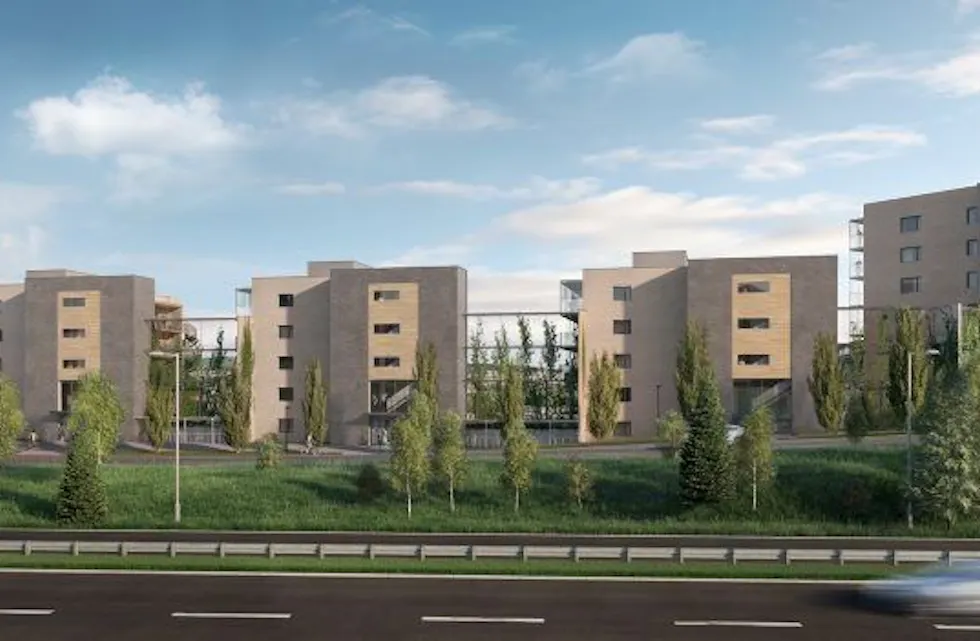 GLASSVEGGER MOT E6: Bebyggelse mot en europavei medf??rer naturlig nok b?ode st??v- og st??yproblematikk. Her har JM tenkt ?o bruke glassvegger for ?o m??te problemet. (Illustrasjon: JM Norge) Foto: