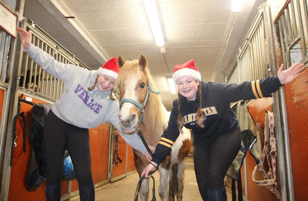 KLARE FOR SHOW: Mathilda Åhker-Sørlie (14) og Kiana Andersen (14) gleder seg til å lede publikum gjennom årets juleshow på Øvre Fossum gård. Her sammen med hesten Klaus. Foto: