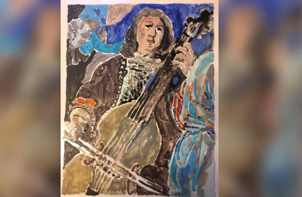 Akvarellen viser Buxtehude som spiller celle og er laget av Marianne Gihle, etter et maleri av Johannes Voorhout (en detalj fra «Et musikalsk selskap», 1674). Foto: