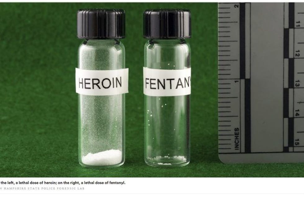 DØDELIG: Bildet viser hva som er en dødelig dose av heroin, og hva som er en dødelig dose av det svært sterke stoffet karfentanil. Foto: Politiet. Foto:
