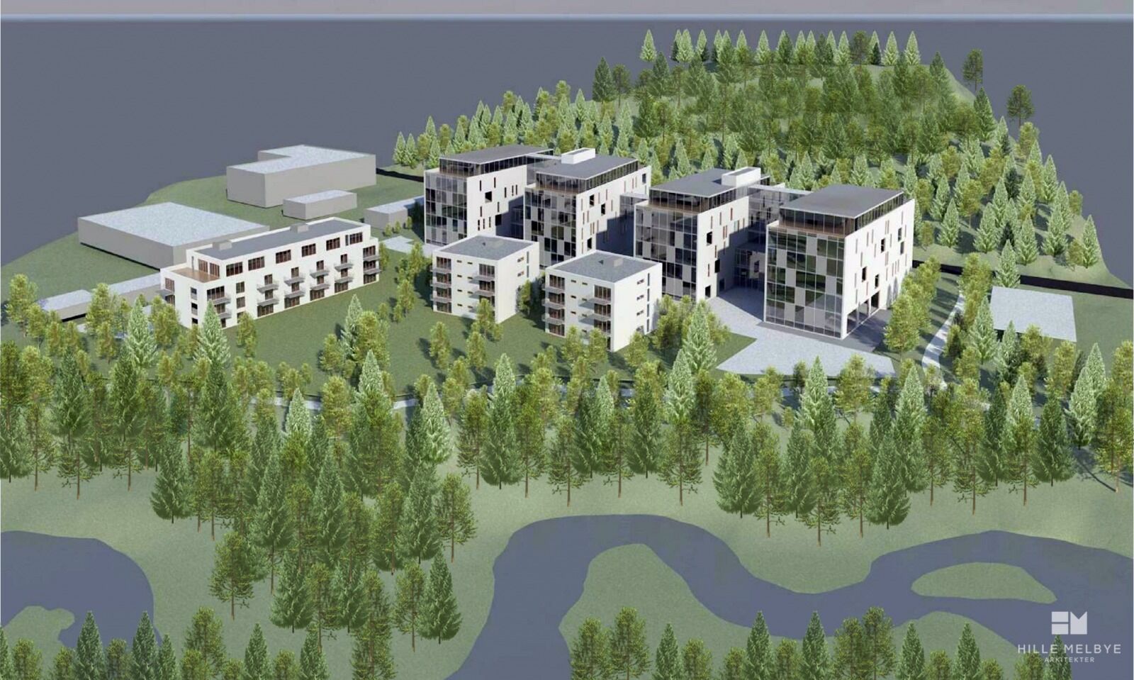 BREIVOLL: Bygningene med glassfasader er næringsbygg som skal skjerme boligene mot trafikkstøy fra Smalvollveien. De 50 boligene får en fasade som er vendt mot Alnaelva og grøntområdene. (Ill. Hille Melbye Arkitekter AS) Foto: