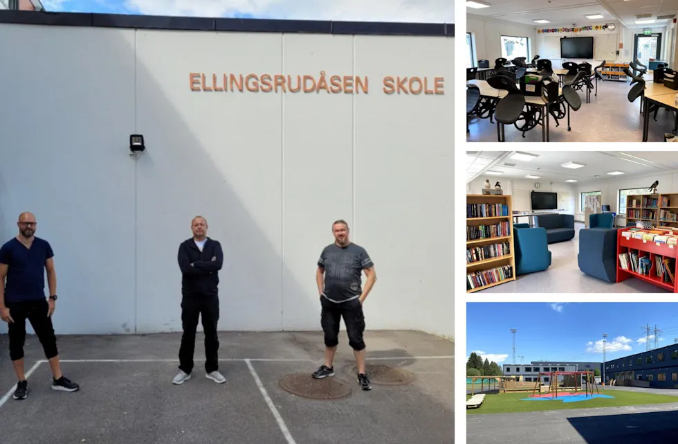 Tommy Monge, leder av driftsstyret og FAU v/Ellingsrudåsen barneskole, Aleksander Nunes-Xavier, leder av driftsstyret v/Ellingsrud ungdomsskole, Jens Fredrik Ryland, leder for driftsstyret v/Bakås barneskole. <strong class="nf-o-text--strong">Bildene til høyre er fra erstatningsskolen</strong> som var planlagt å huse både Ellingsrud og Ellingsrudåsen skoler etter tur. Skolen har topp moderne ventilasjon, god plass og godt utstyrte spesialrom for naturfag, mat og helse, og kunst og håndverk. Foto: