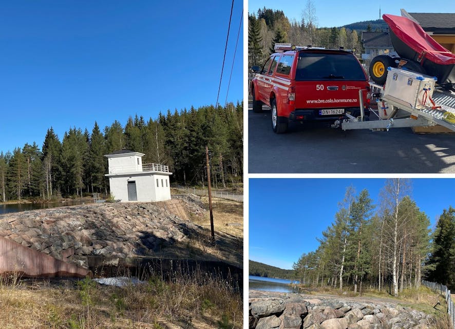 Det brant i et 100 kvm stort område inne i skogen ved Alunsjøen søndag morgen. Brannen var i ulendt terreng, og ble slukket av en turgåer. Brannvesenet sørget for å få slukket brannen skikkelig. Foto: