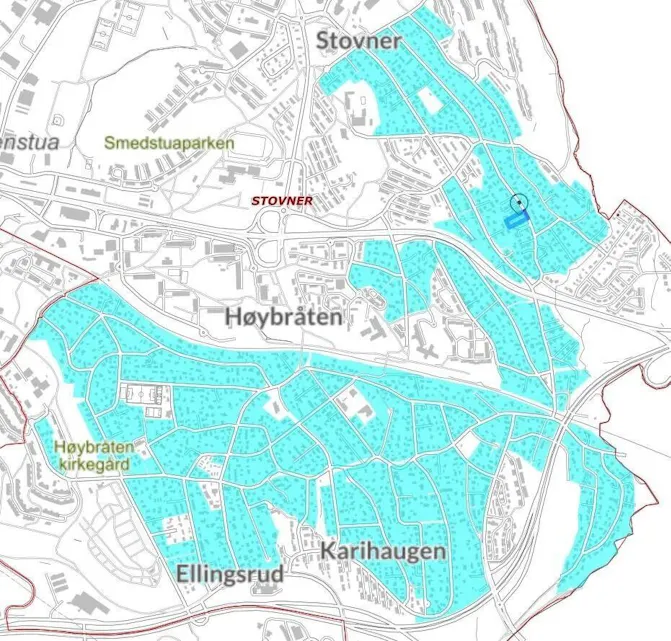 Områdene markert i turkis er omfattet av småhusplanen i Stovner bydel. Foto: