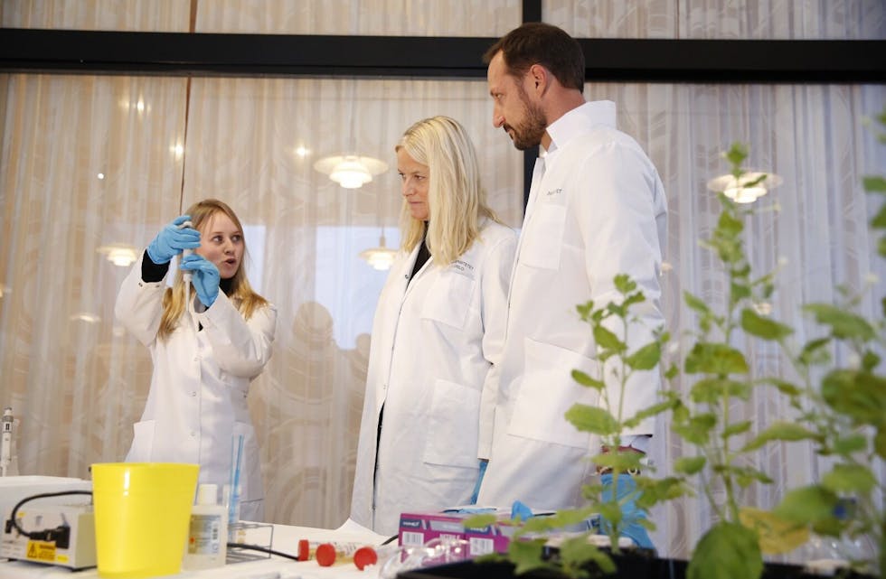 FIKK FORSØKE: Kronprinsparet fikk prøve seg i labforsøk i syntetisk biologi. Her viser Vilde Olsson Kronprinsparet hvordan en pipette fungerer. Foto: Terje Heiestad/UiO  Foto:
