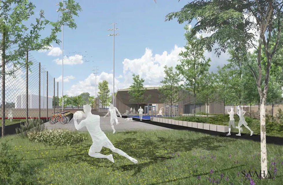KALBAKKEN AKTIVITETSFELT: Foruten servicebygget har Bymiljøetaten planer om å løfte det - litt triste og golde - området som i dag omkranser kunstgressbanene. (Illustrasjon: SAHAA arkitekter) Foto: SAHAA arkitekter