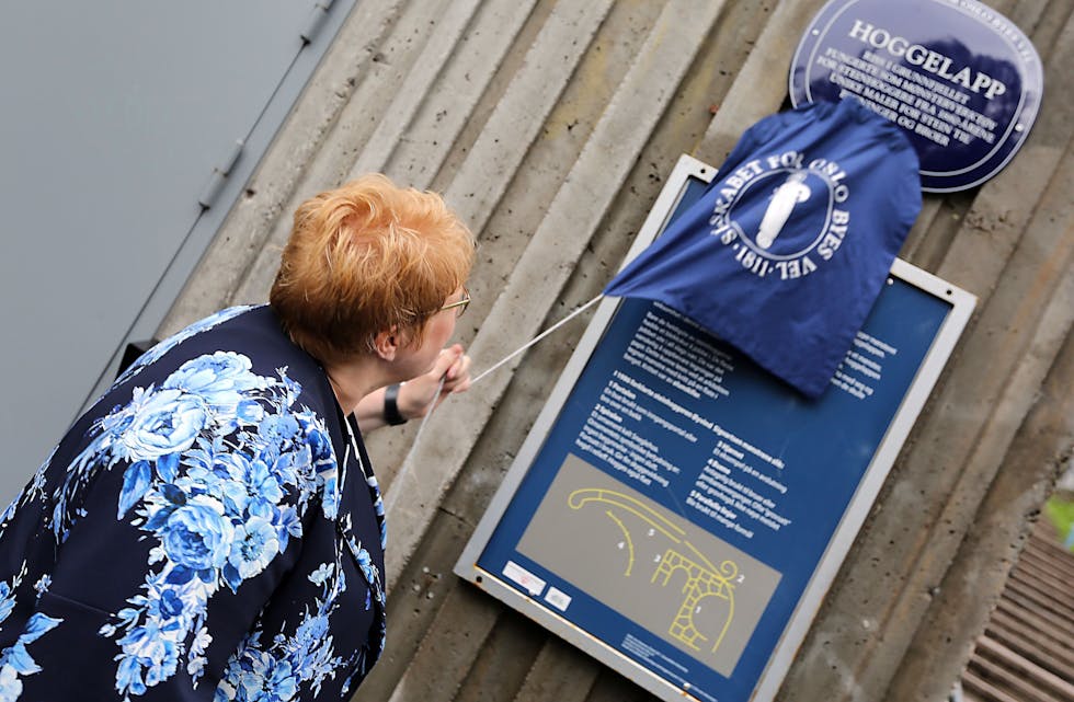 BLÅ AVDUKING: Kultur- og likestillingsminister Trine Skei Grande fikk æren av å avduke Oslo Byes Vels blå skilt. Hun viste også med sin tale at hun har betydelig kunnskap om steinhogger-industriens historie på Grorud/Romsås. Foto: