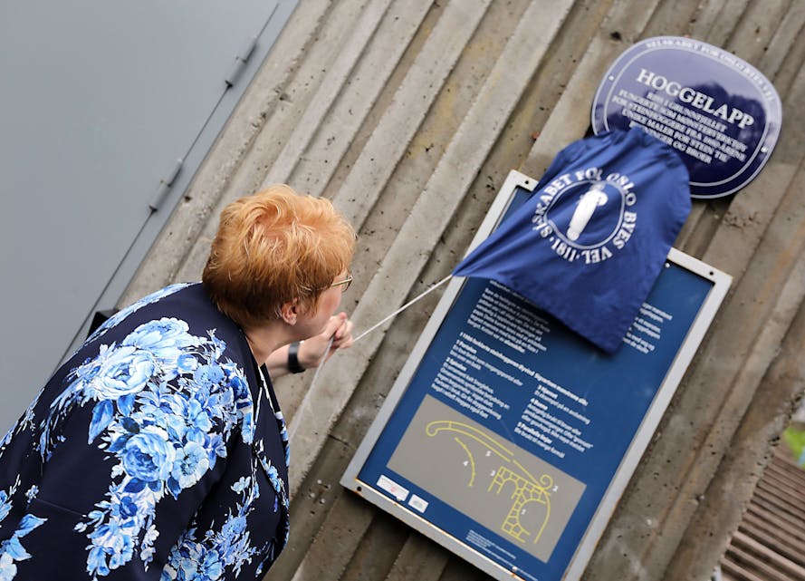 BLÅ AVDUKING: Kultur- og likestillingsminister Trine Skei Grande fikk æren av å avduke Oslo Byes Vels blå skilt. Hun viste også med sin tale at hun har betydelig kunnskap om steinhogger-industriens historie på Grorud/Romsås. Foto: