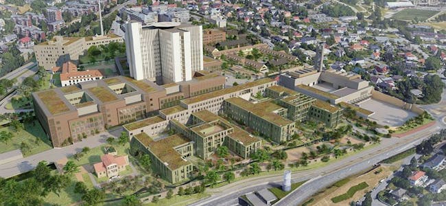 NYE AKER: Slik ser arkitektene for seg at nye Aker sykehus skal se ut. Her sett fra sørsiden. Foto: Team Aker