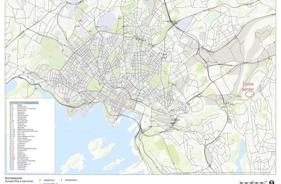 SLIK: Dette er kartet som viser eksisterende og nye bomstasjoner. Det er markert rødt der Tveita senter ligger, og grønt der de nye bomstasjonene skal komme - i Ytre Ringvei og Tvetenveien blant annet. Foto: