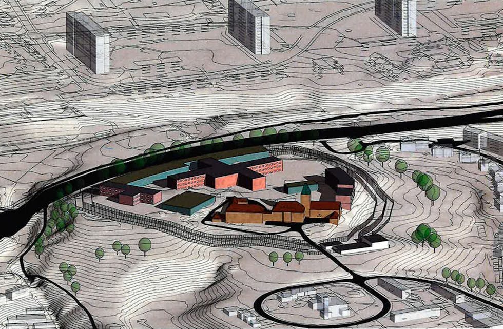 NEDSKALERT: Det nyeste forslaget fra Justisdepartementet og Statsbygg beslaglegger noe mindre areal enn det forrige, og har tilsvarende færre fengselsplasser. (Ill: Lerche arkitekter) Foto: