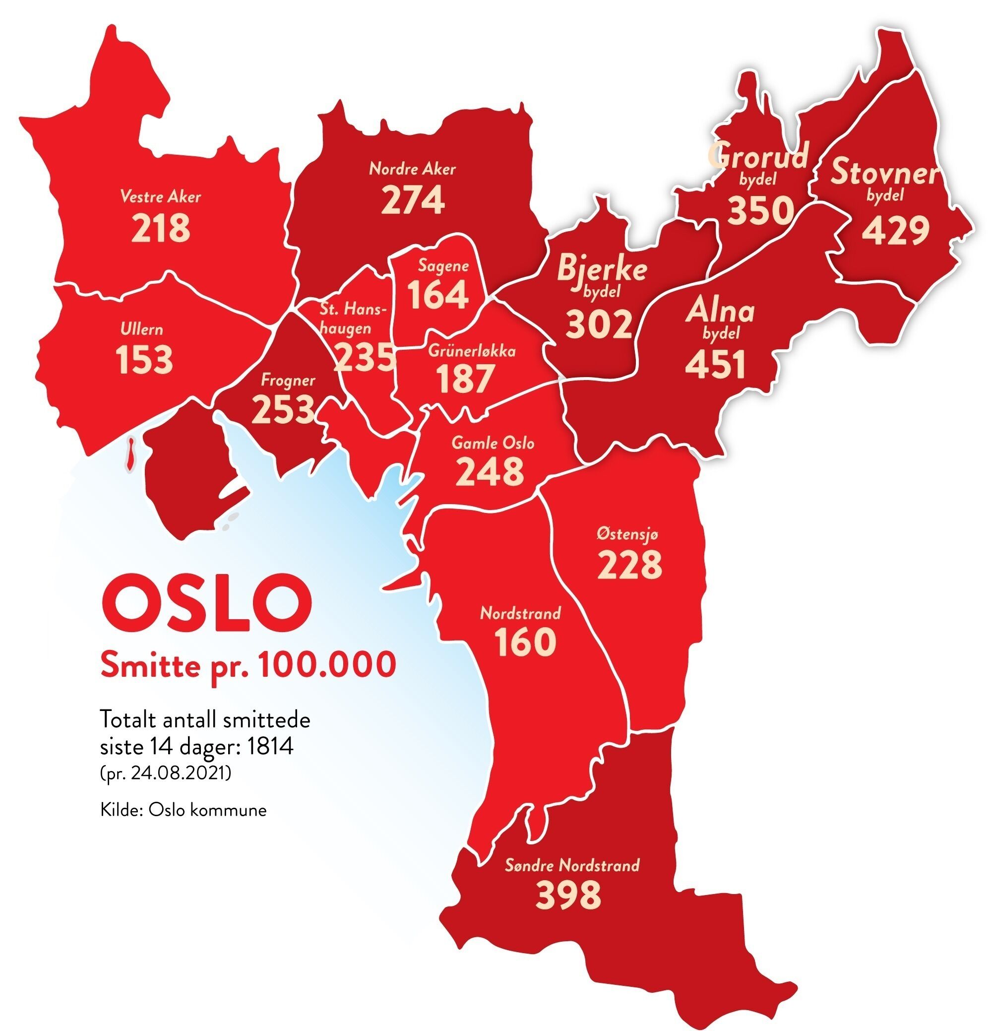 Smittesituasjonen tirsdag 24. august. Foto: Oslo kommune