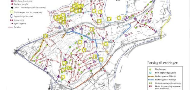 KART: Bydel Bjerke har laget et kart over eksisterende trafikktiltak og forslag til endringer i bydelen. De gule merkene indikerer behovene i bydelen, som fartshumper, fartsgrenser og skilting. Foto: