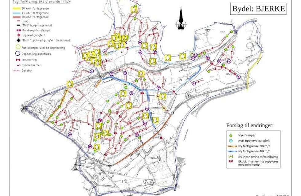 KART: Bydel Bjerke har laget et kart over eksisterende trafikktiltak og forslag til endringer i bydelen. De gule merkene indikerer behovene i bydelen, som fartshumper, fartsgrenser og skilting. Foto: