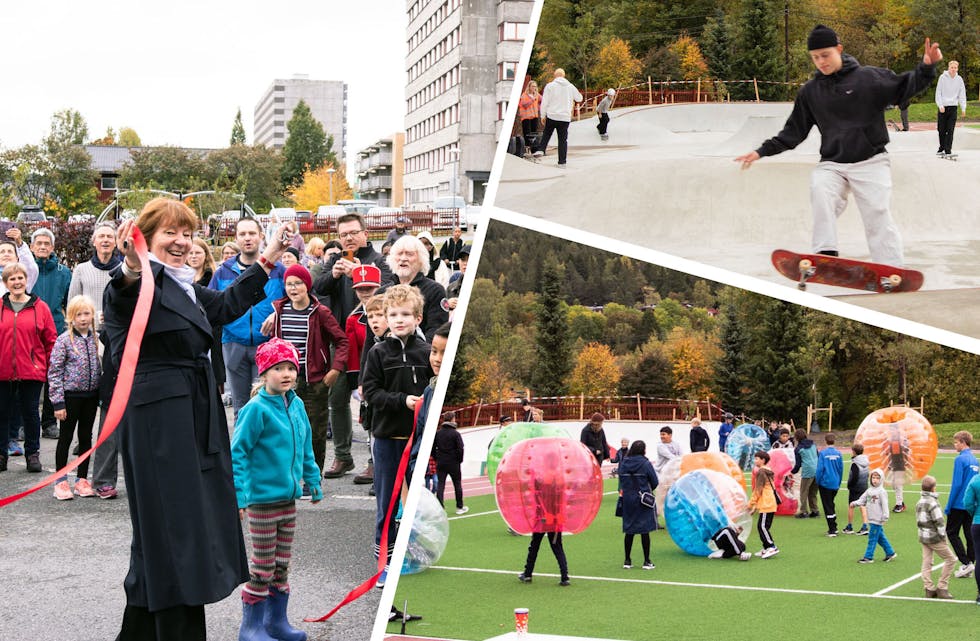Ordfører Marianne Borgen klippet snora og åpnet drømmeskolegården på Ammerud sist lørdag. Det var mange aktiviteter som ble arrangert, blant annet et skateshow i den nye skateparken og Bumper Balls som Sportsforeningen Grei hadde med seg. Foto: Amama Akram