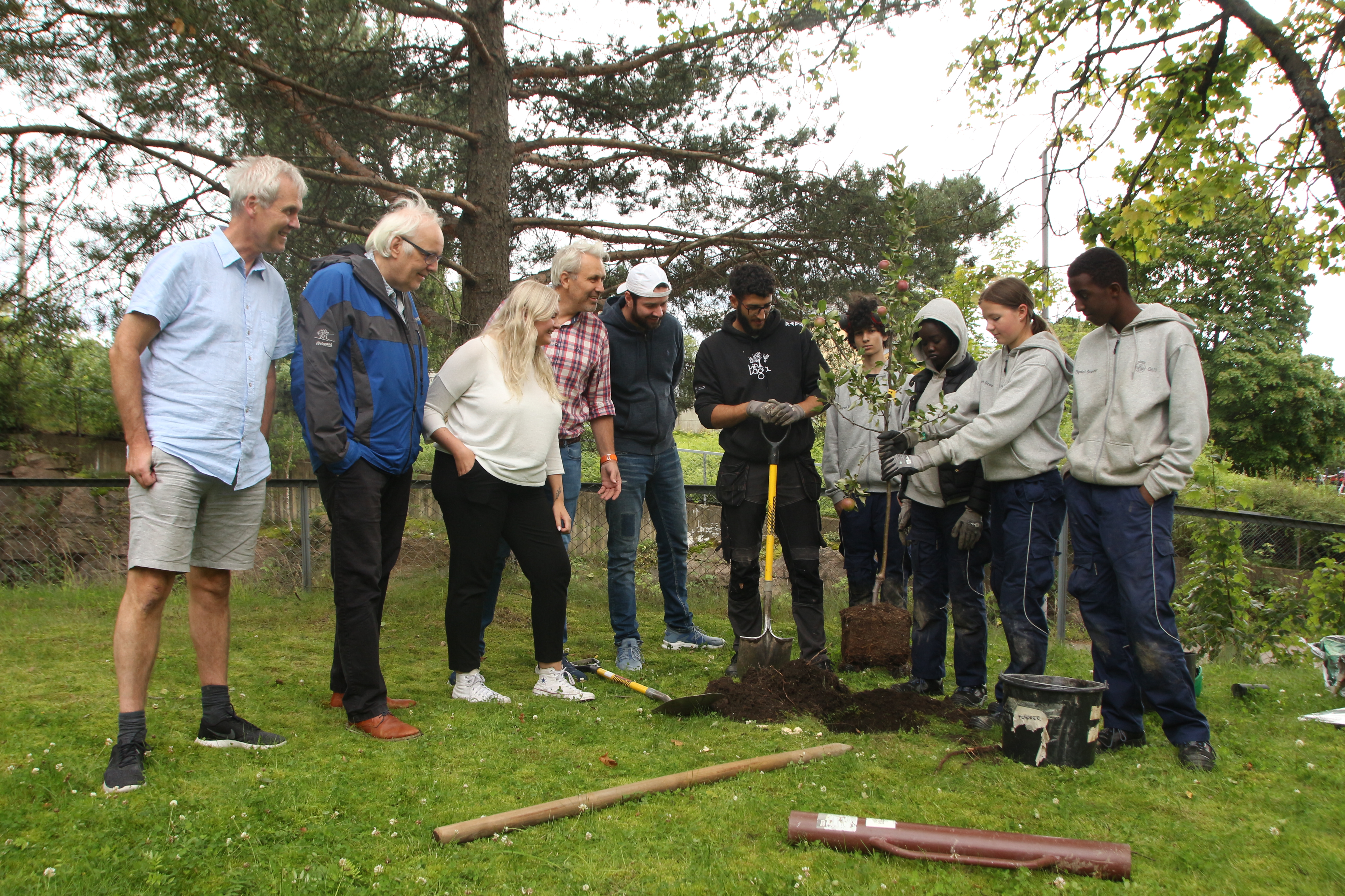 KAN DETTE NÅ: I hvertfall gjengen til høyre. De fra redaksjonen som var til stede på fredag fikk et lynkurs i alt fra vanning til beskjæring av treet som bærer frukt om bare noen år. 