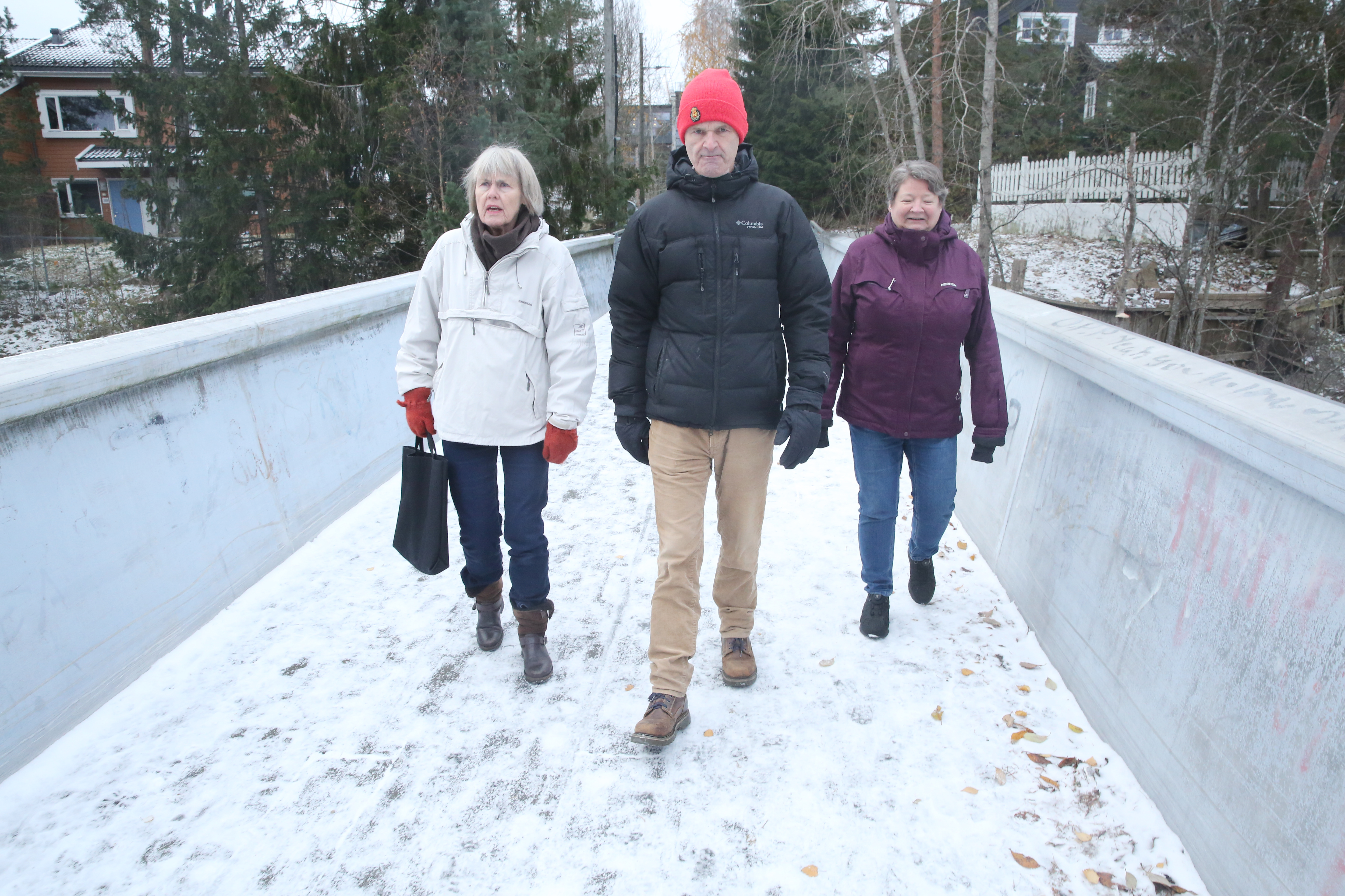 FRUSTRERTE BRUVANDRERE: Brunabo Oddbjørg Neseth (f v), formann i Stovner vel, Arild J. Lund og medlem av vellets miljøgruppe, Kari Synnøve Stordahl, synes de har vært tålmodige nok og mener at det er på tide at brua over Jorines vei blir skiftet ut - ikke minst fordi det har oppstått flere hull på gangveien og at brua faktisk har stått der "midlertidig i 50 år".