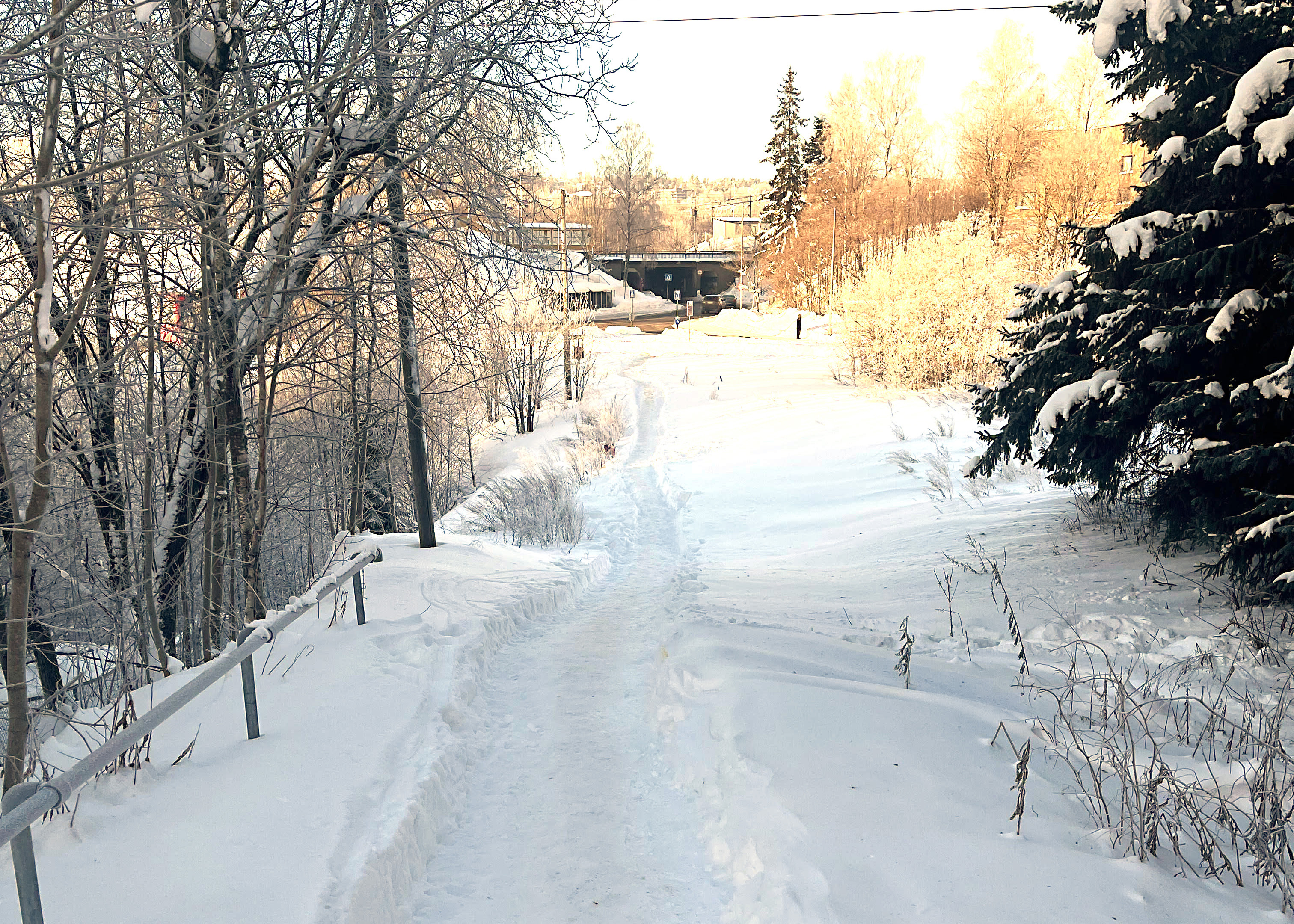 Man må være svært forsiktig når man går ned veien til bussen og jernbanen, det som nå ligner mer på en nedtråkket snøsti. I enden ser vi Grorud jernbanestasjon.