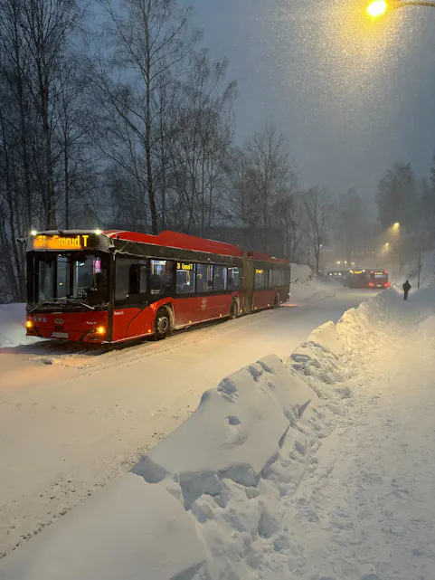 BLE STÅENDE: Kollisjonen i Rødbergveien førte til at hele linje 31 ble innstilt. Det var bare den første av mange innstillinger onsdag. 31-bussen ble stående også etter at andre busser i Oslo hadde begynt å gå igjen utover kvelden. (Foto: Aleksander Solhøi Lutz)