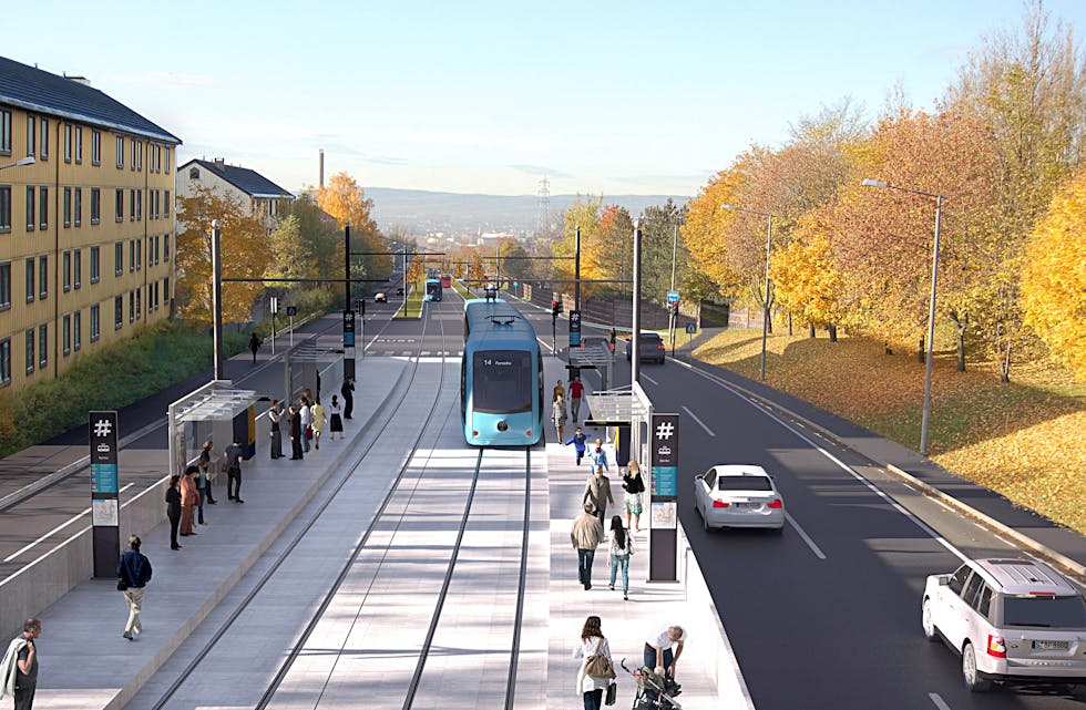 Denne illustrasjonen ble laget i forbindelse med reguleringsforslaget i 2011. Her fra Trondheimsveien ved Bjerke Travbane.