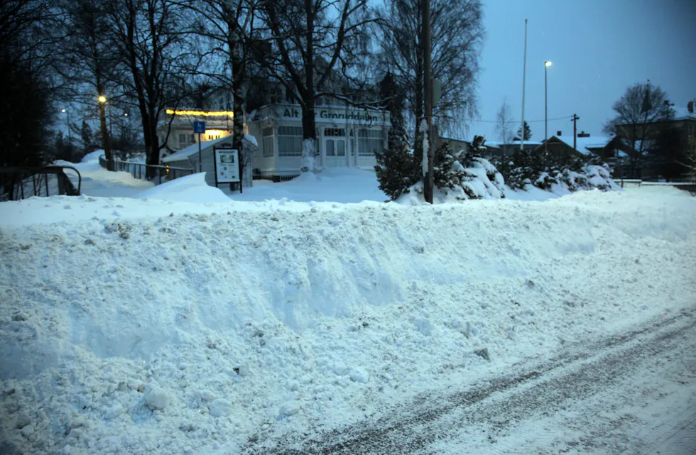 INGEN ADKOMST: Avishusets medarbeidere må ta en tidlig morgenøkt med skuffe og spade tirsdag morgen slik at vi og besøkende kan komme seg inn i huset.