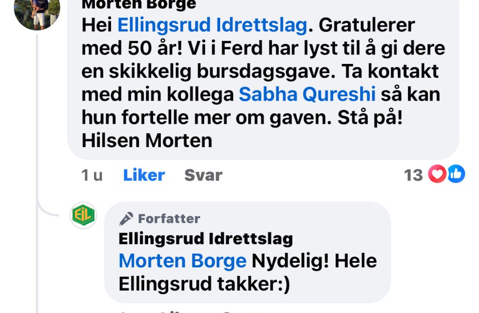 DEN STORE MELDINGEN: Her er et skjermbilde av meldingen Ellingsrud IL støtte på da de åpnet kommentarfeltet på sin Facebook-side. Innlegget var lagt ut i forbindelse med klubbens 50-års jubileum.