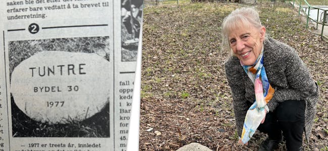 MARKERTE HISTORIEN: Grethe Opkvitne ved steinen som ble gjenoppdaget da Sletteløkka ble oppgradert. Her ser vi også en faksimile fra Akers Avis Groruddalens arkiv: «Tuntre bydel 30 1977» på Sletteløkka.