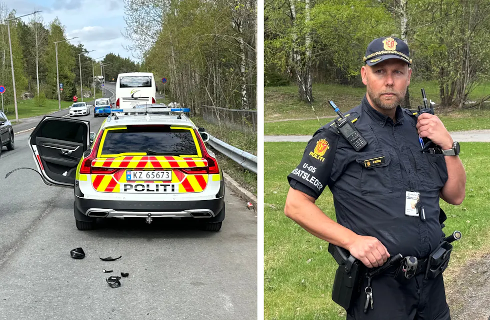 ROMSÅS: Politiet var på Romsås i forbindelse med et annet oppdrag da bilen til en politipatrulje ble påkjørt. Føreren stakk fra stedet, men ble etter omfattende søk pågrepet. Ingen kom til skade. Her med innsatsleder Brian Skotnes.