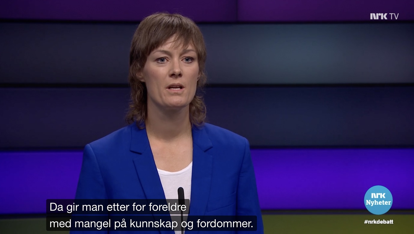 DEBATTEN: Tidligere kulturminister Anette Trettebergstuen (Ap) mente foreldres innvendinger mot Pride-markeringer  i skoler og barnehager  hadde bakgrunn i mangel på kunnskap, samt fordommer. 
(Skjermdump fra Debatten på NRK, hentet av Eden A. Paalgard)