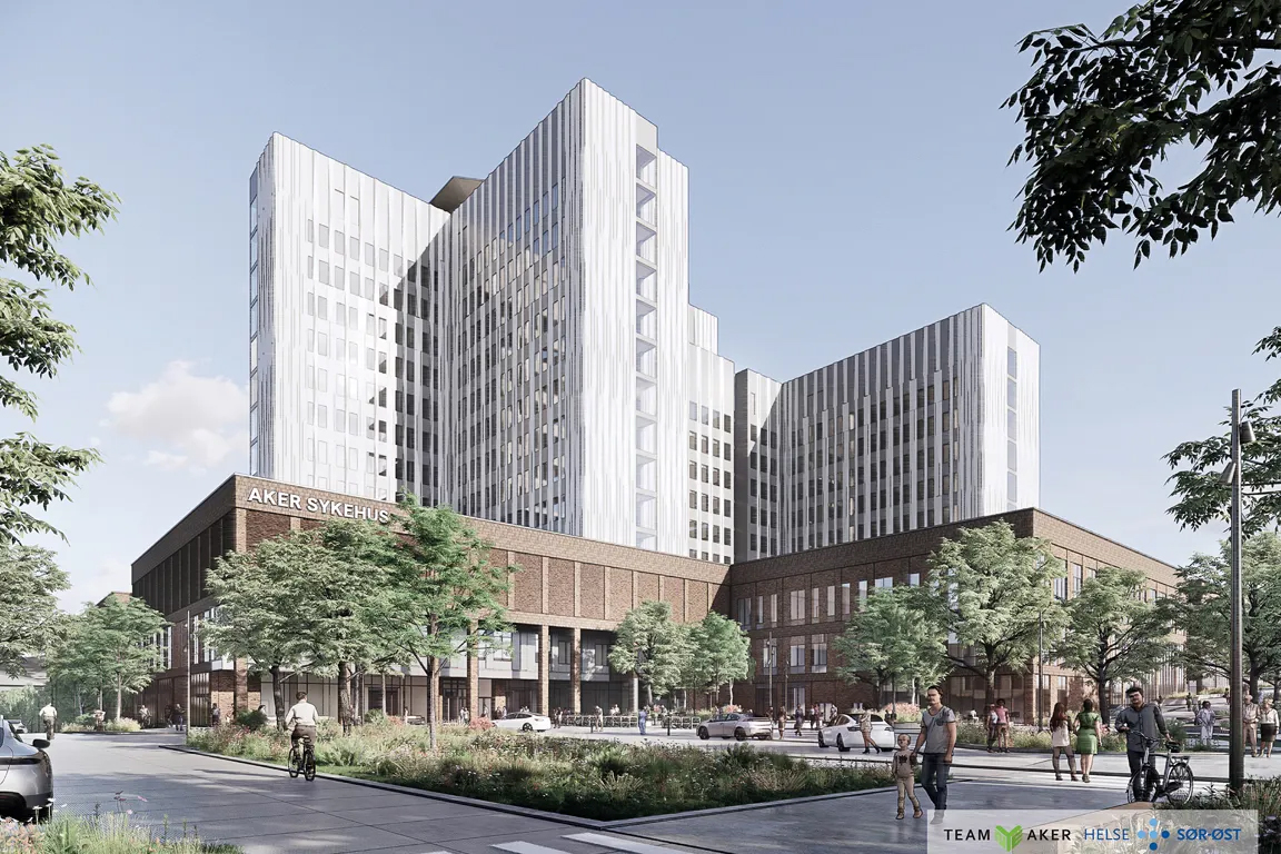 NYE AKER SYKEHUS: Slik vil somatikkbygget se ut. Det skal etter planen stå klart i 2026. (Foto: Team Aker Helse Sør-Øst)