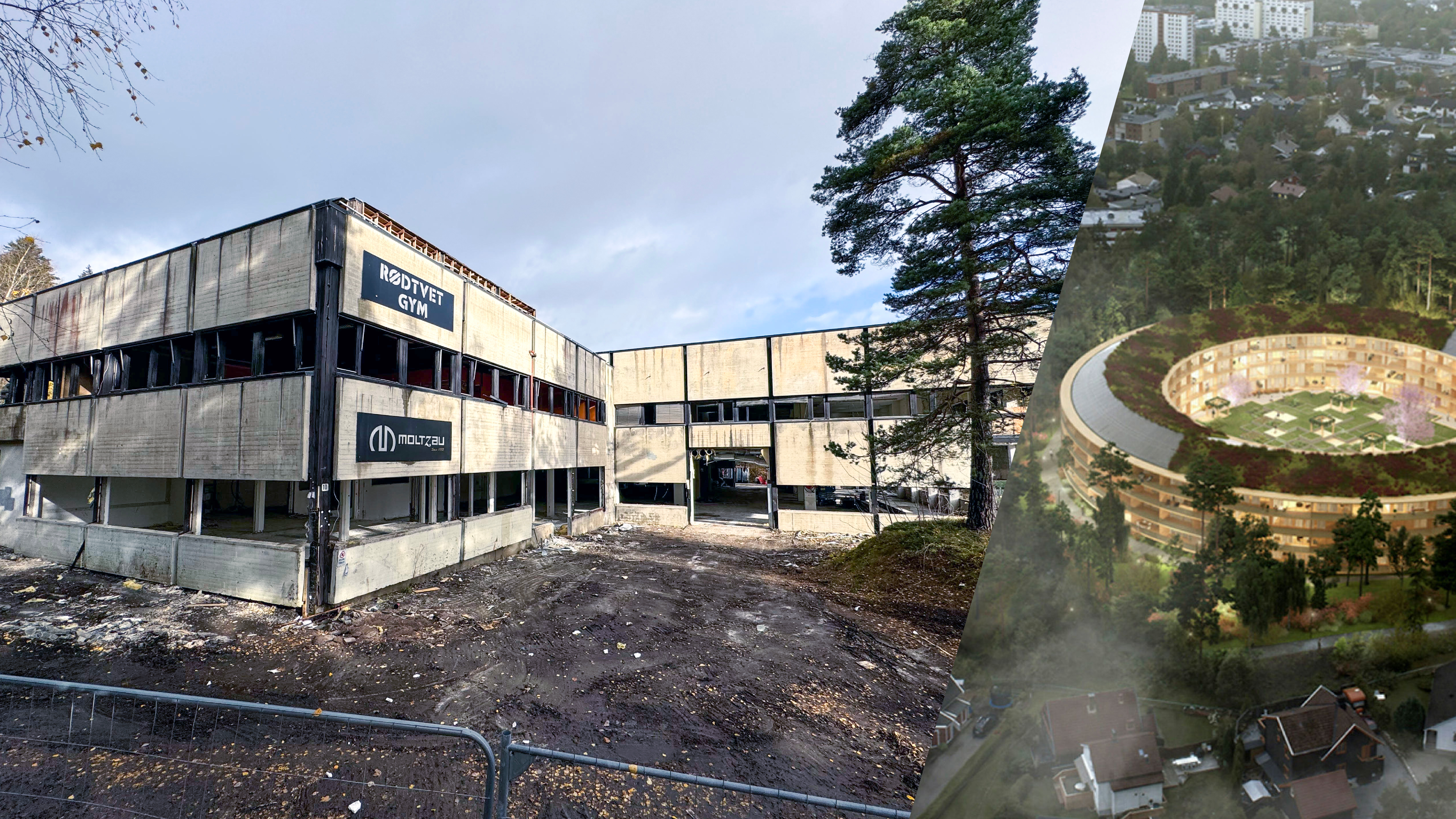 Rivearbeidet i Martin Strandlis vei 10 er godt i gang. Foto t.v.: Akers Avis Groruddalen / Ill.: Code Illustrated Future