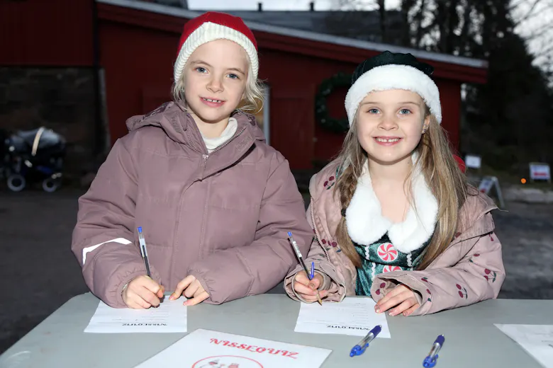 ALVER: Ikke nisser – men alvene Ingrid (7) (f.v.) og Solveig (7) fra Sundvollen koser seg med julequiz.