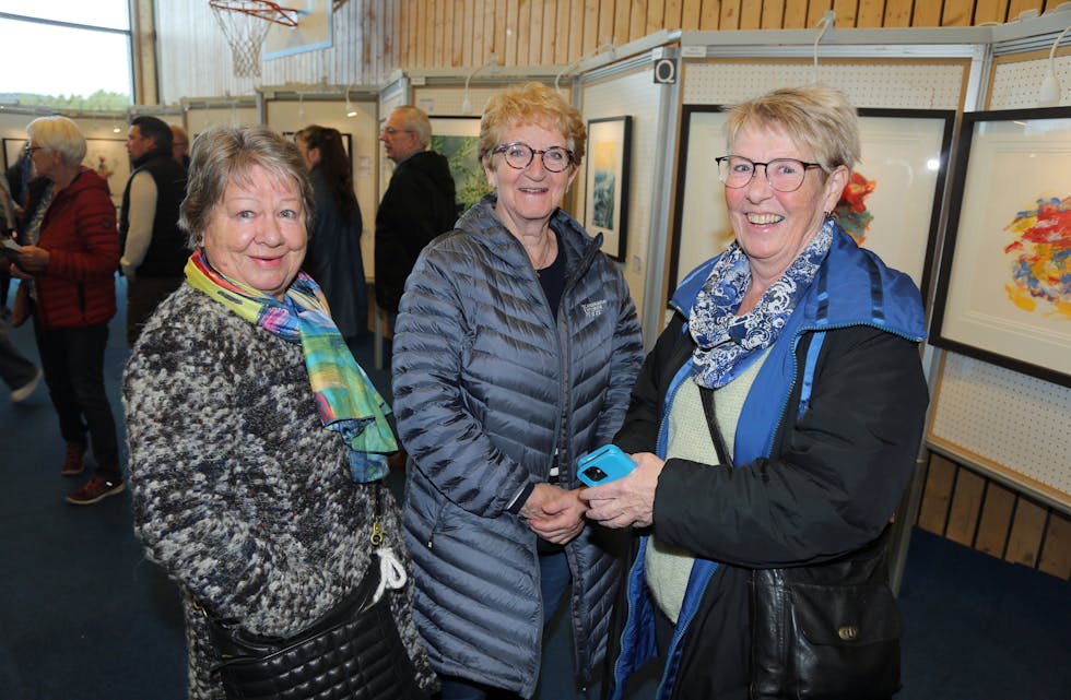 KUNSTNERISK TRIO: Snefrid Rekdal (f v), Astrid Olsson og Sigrun Myklebust fra malergruppa Pustehullet var til stede for å få inspirasjon til egen kunstutfoldelse. Senere i november skal de arrangere sin egen salgutstilling i Trosterudvillaen for 15. gang.