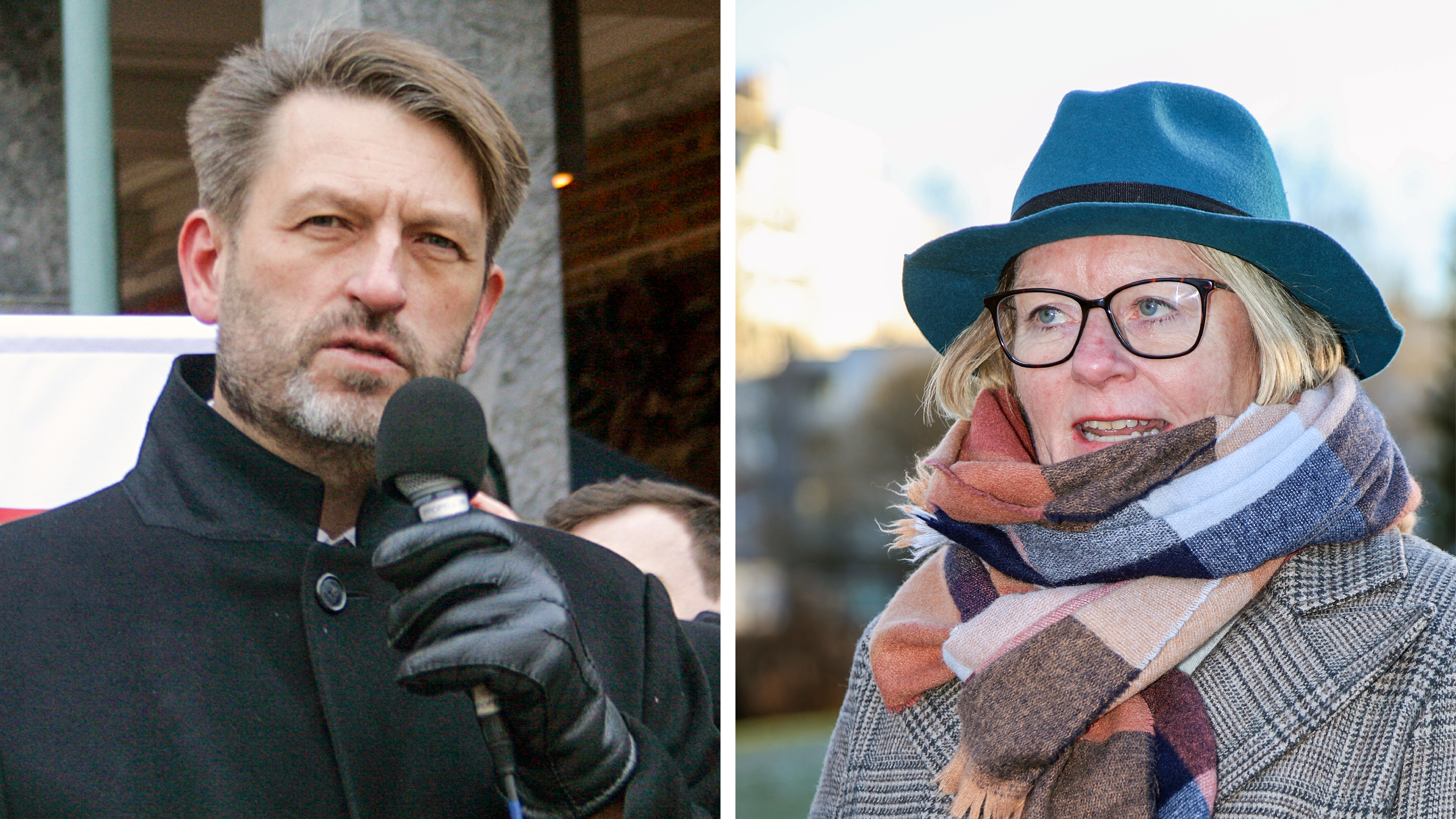 SVAR PÅ TILTALE: Byrådsleder Eirik Lae Solberg sa under demonstrasjonen i borggården, at det må kuttes – men kom gjerne med forslag. Her får han ett konkret forslag fra LOs leder i Oslo, Ingunn Gjerstad.
