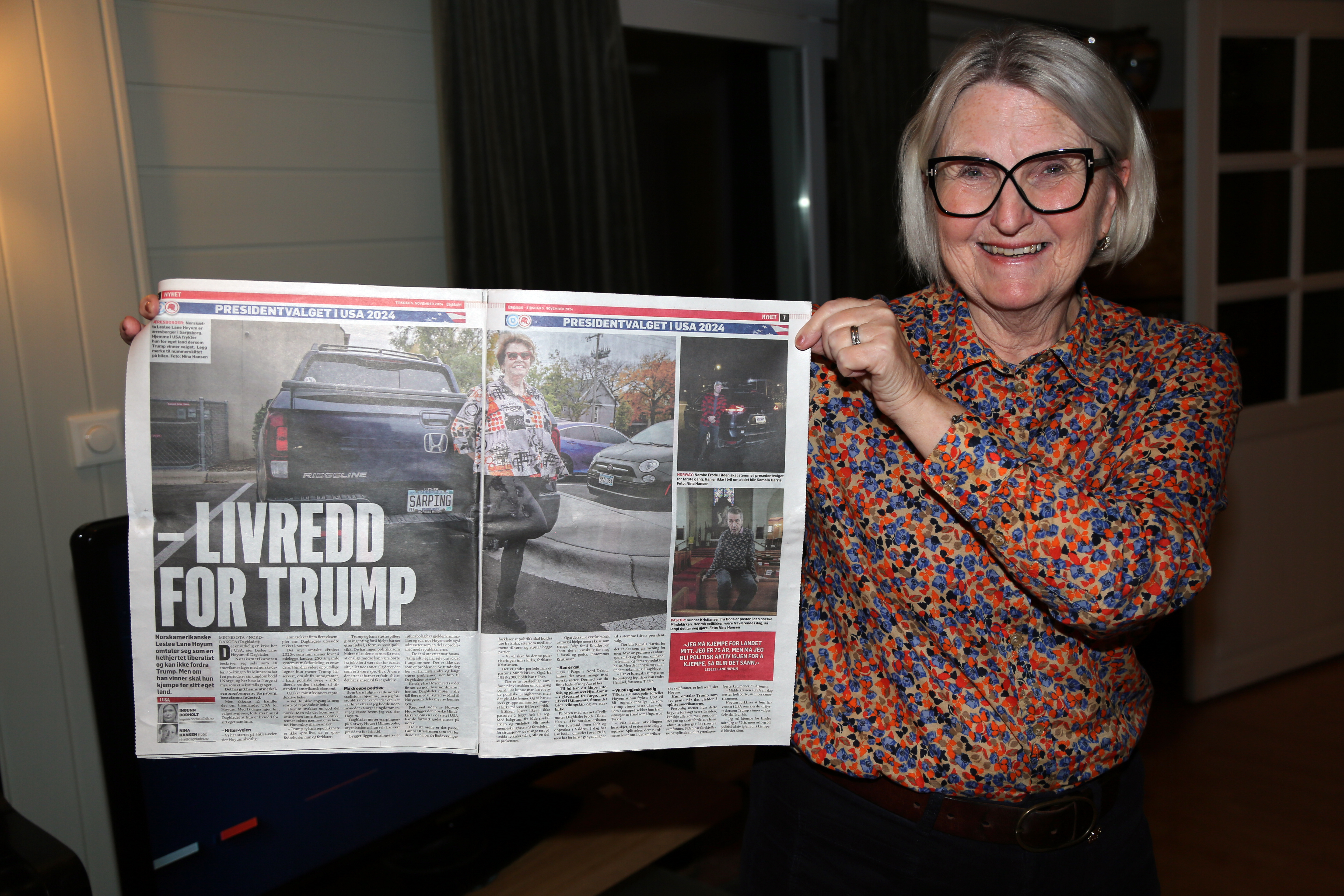 PÅ BØLGELENGDE: Norsk-amerikanske Leslie (med Sarpsborg som bilskilt) er like redd for at Trump skal vinne som Vidar og kona Berit er det. Leslie kjenner de godt etter å ha truffet henne flere ganger i USA.