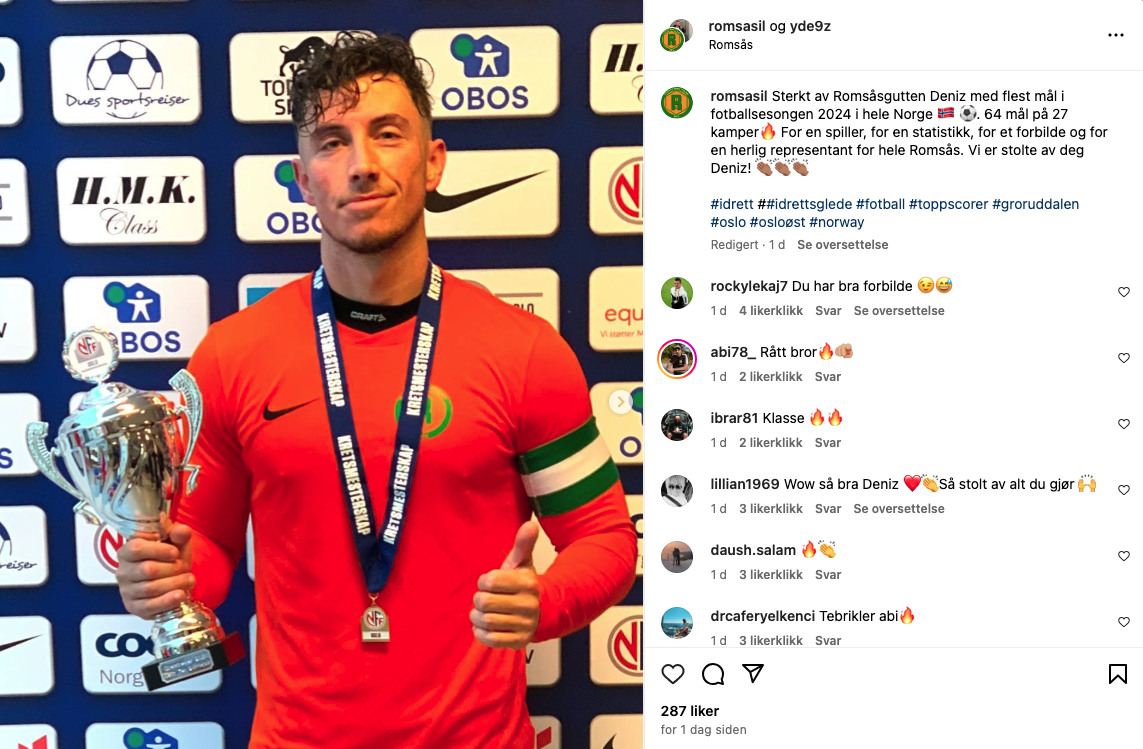 POPULÆR: Deniz Yelkenci høster mye skryt i kommentarfeltet på Romsås IL sitt innlegg, og blir omtalt av den yngre garde som et godt forbilde. Foto: Romsås IL/Instagram.
