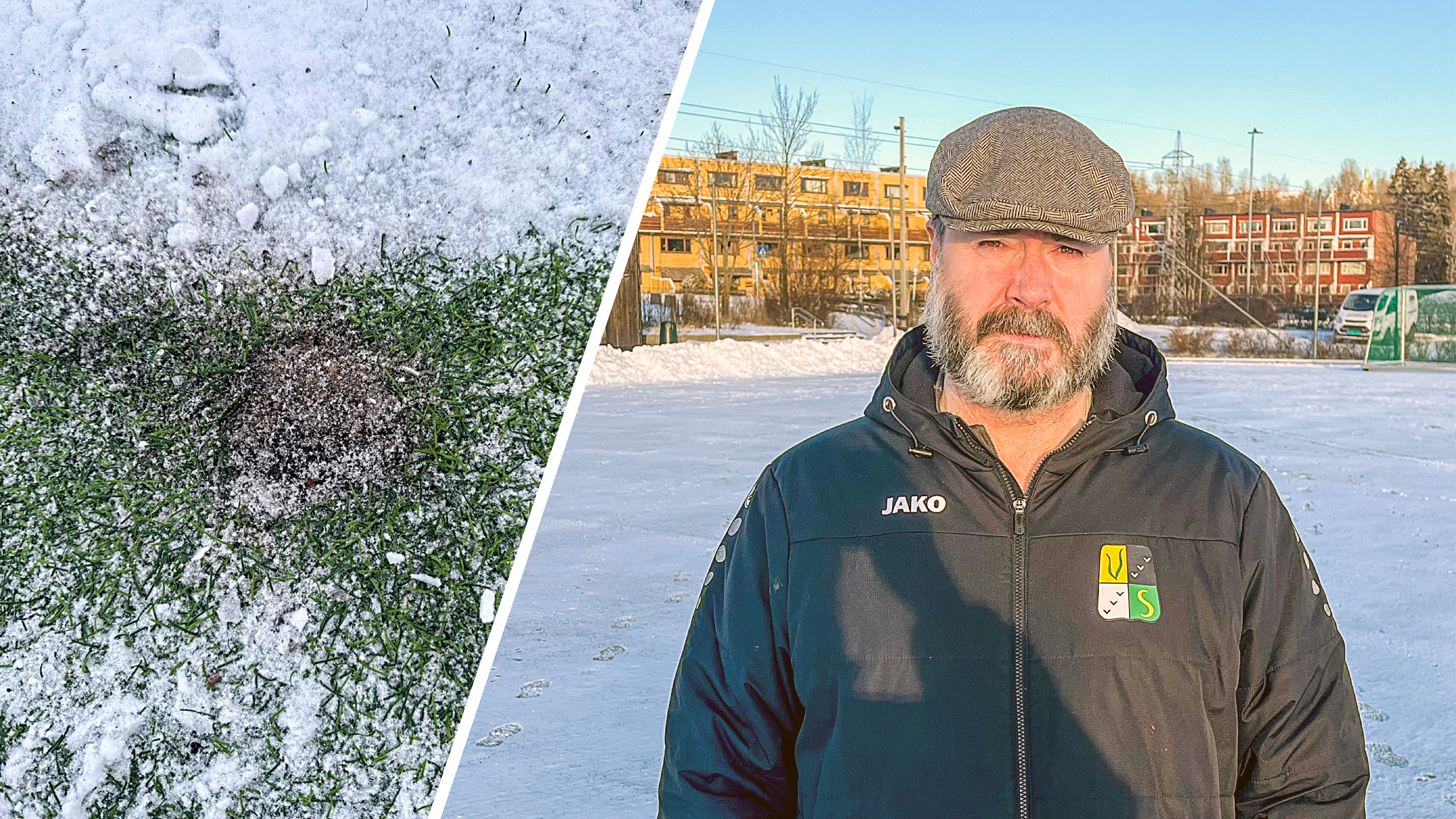 SKUFFET: Morten Dahl-Hansen, daglig leder i Veitvet SK, står på banen og vurderer skadene etter fyrverkeribruken. Han oppfordrer til mer ansvar og bevissthet for å beskytte idrettsanleggene.